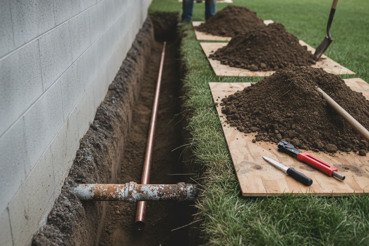 Excavated water line trench during Water Softener Installation in Summitville